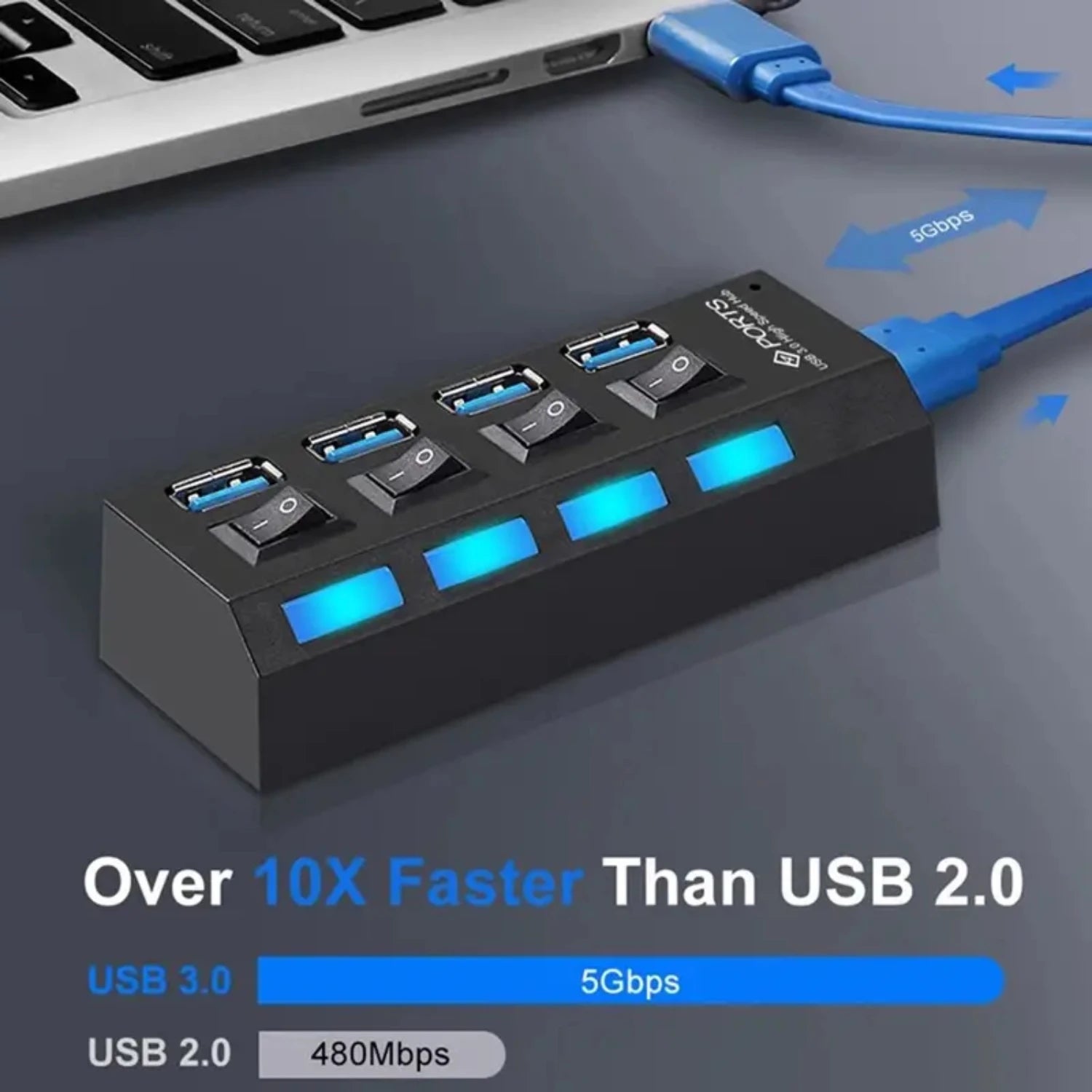 New USB 2.0 Data Hub With Individual  Switches And Lights For PC Laptop